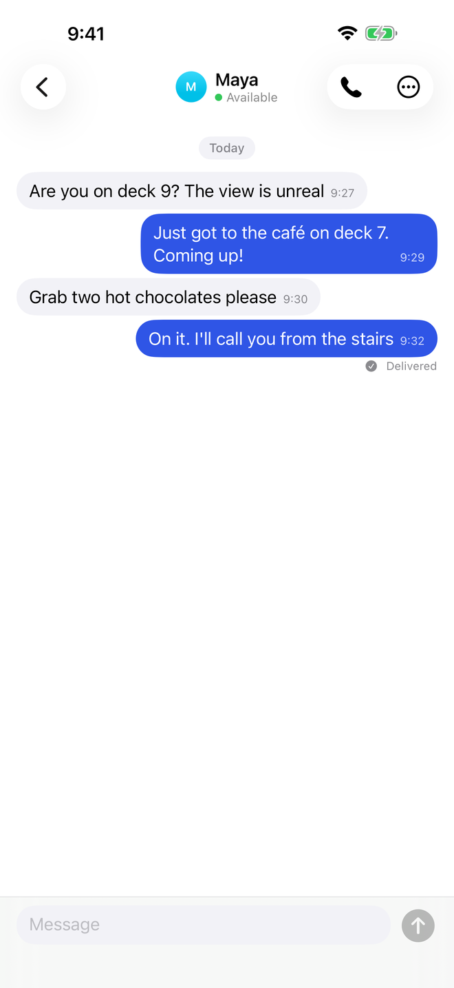 A LanCall chat between two people on a cruise ship